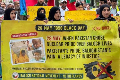 نیدر لینڈ نا شار دی ہیگ ئٹی بلوچ نیشنل موومنٹ نا پارہ غان 28 مئی 1998 آ بلوچستان نا علاقہ چاغی ٹی کننگوک ایٹمی تراک آتا برخلاف اسہ برانزی ریلی ئس کشنگا و پاکستانی سفارتخانہ نا مونا برانز کننگا۔
