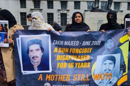 The Baloch National Movement (BNM) held a protest in front of the British Prime Minister’s residence in London, marking 16 years since the enforced disappearance of Zakir Majeed Baloch, a central leader of the Baloch Students Organization (Azad).